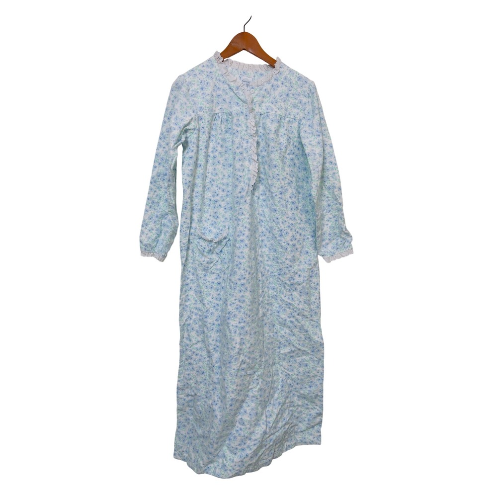 Carole Women Nightgown Size M Blue Floral Cotton Flannel Lace Trim Vintage USA